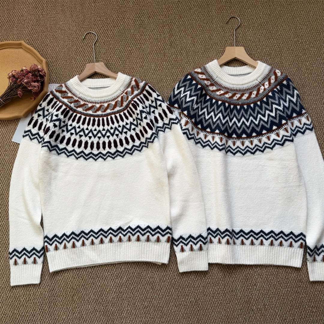 

Retro Fair Isle Knitted Sweater Women's Loose Fit Warm Thiened Long Sve round Ne Pullover Autumn Winter Faion Sle