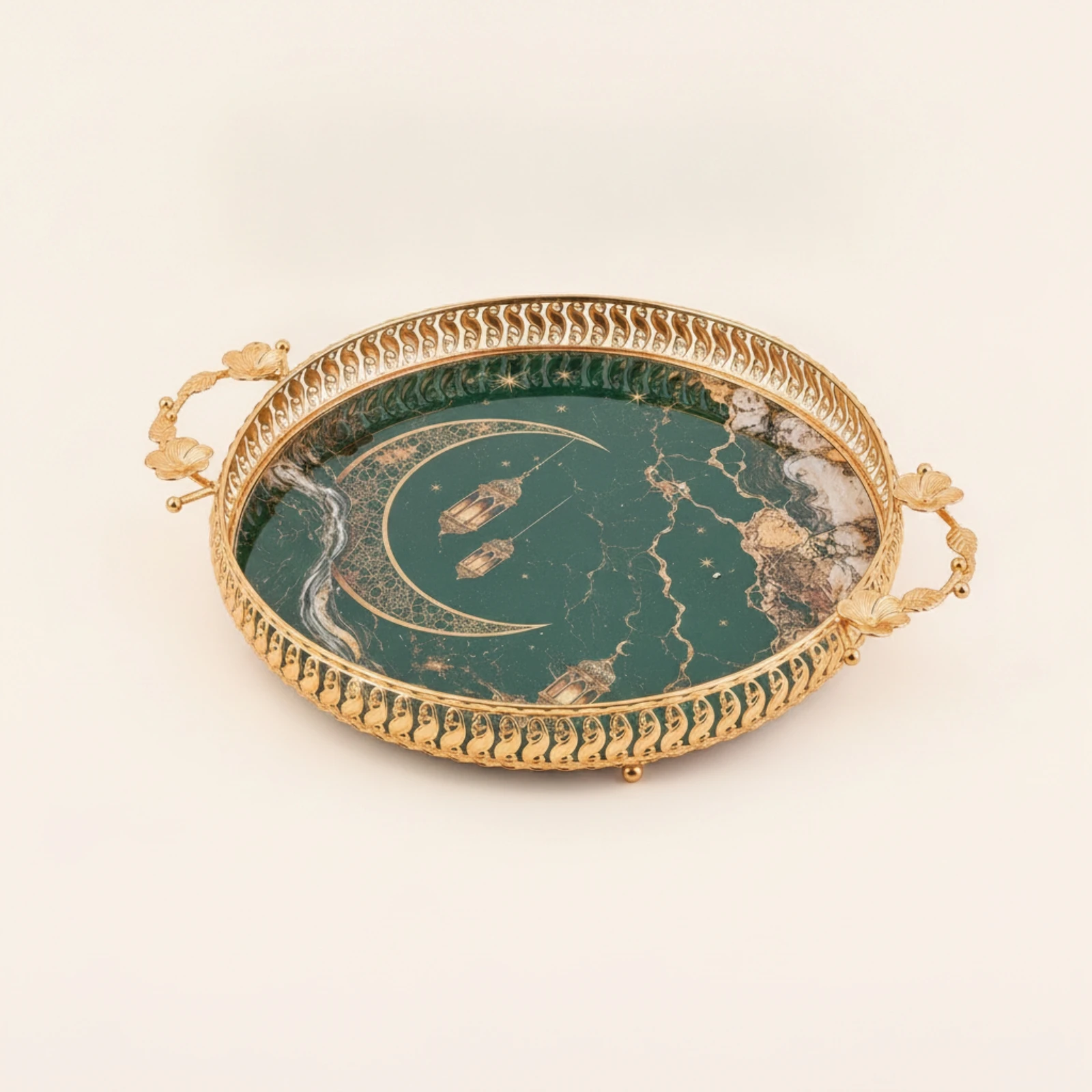Round Decorative Tray Gold-Colored Round Tray with Metal Handles Openwork Footed for Home Decorators, Living Room, Tea Table