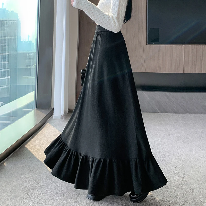 

2025 р. Свободные зимние длинные юбки с оборками по подолу, женские темпераментные макси-юбки трапециевидной формы с высокой талией, однотонные повседневные женские плиссированные юбки