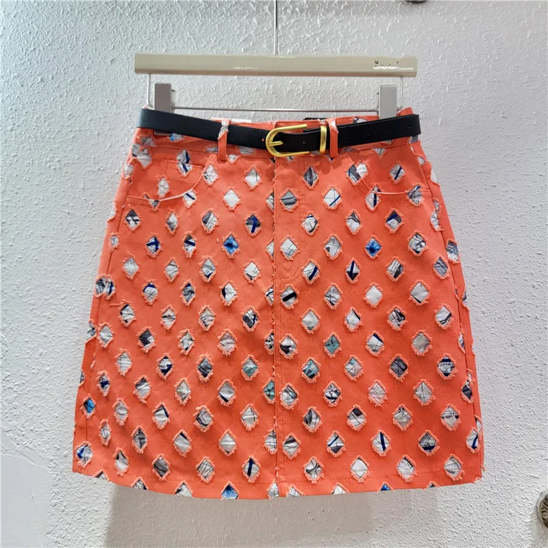 Women's Trendy Orange Ripped Short Denim Skirt 2024 Summer New Leisure  All-Match Slimming A- Line Sheath Jean Skirts for Women