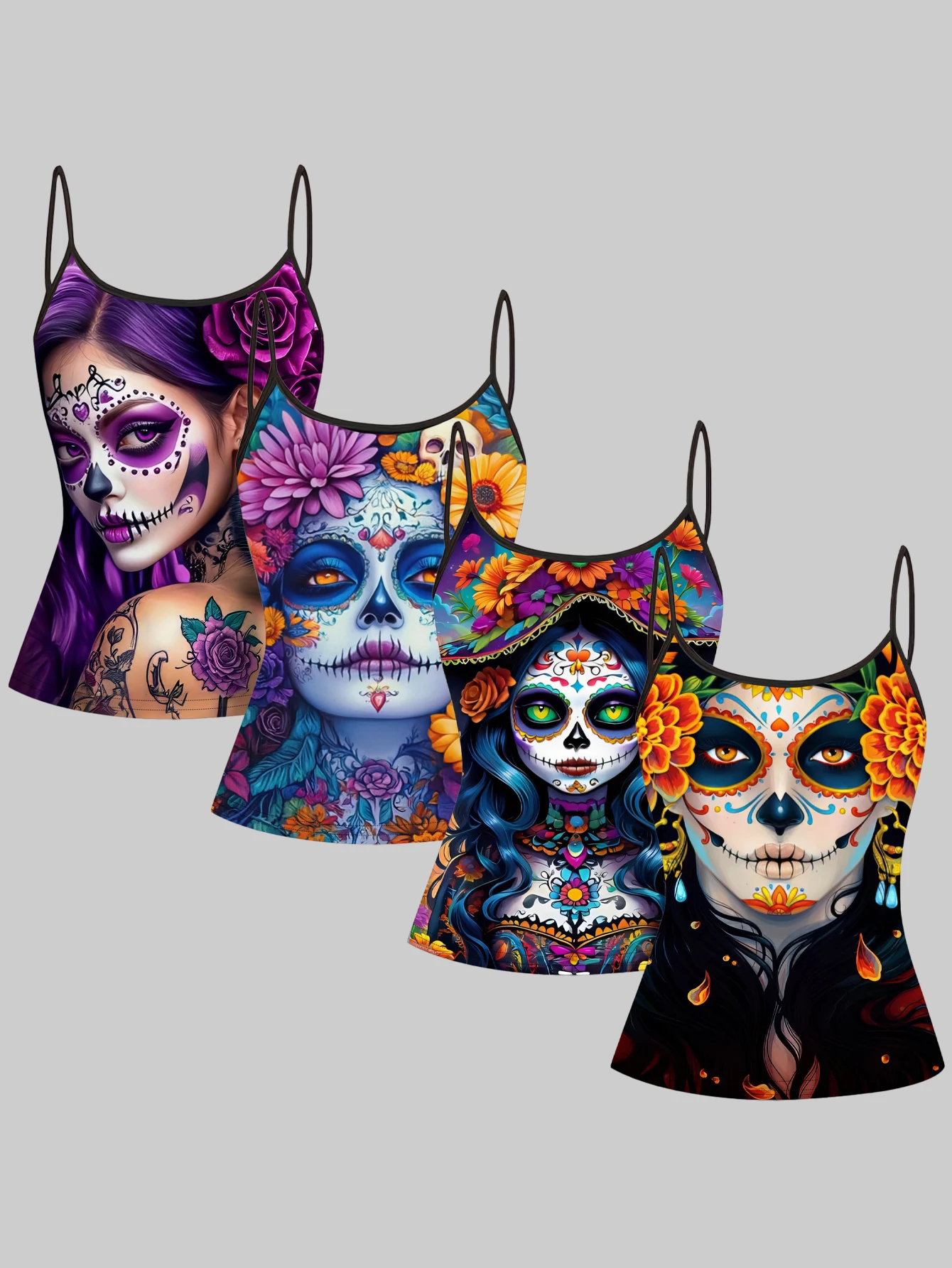Women's 4-Piece Set of Printed Camisoles with Mexican Day of the Dead Sugar Skull, Floral, Rose, and Portrait Designs, Slim-Fit, Flattering, Sleeveless Tops for Outerwear or Layering