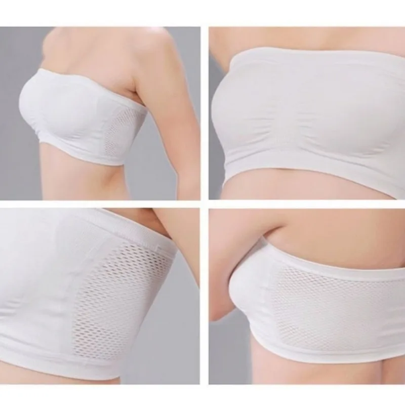 Stretch Layer Seamless Tube Top Ribbed Cropped Hem Mesh Breathable Underwear Strapless Solid Pattern Hollow Back Intimates Bras