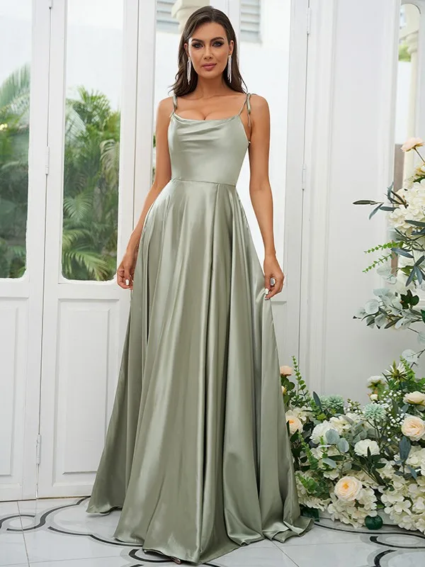 

Elegant A-Line/Princess Silk like Satin Ruffles Spaghetti Straps Sleeveless Sweep/Brush Train Bridesmaid Dresses