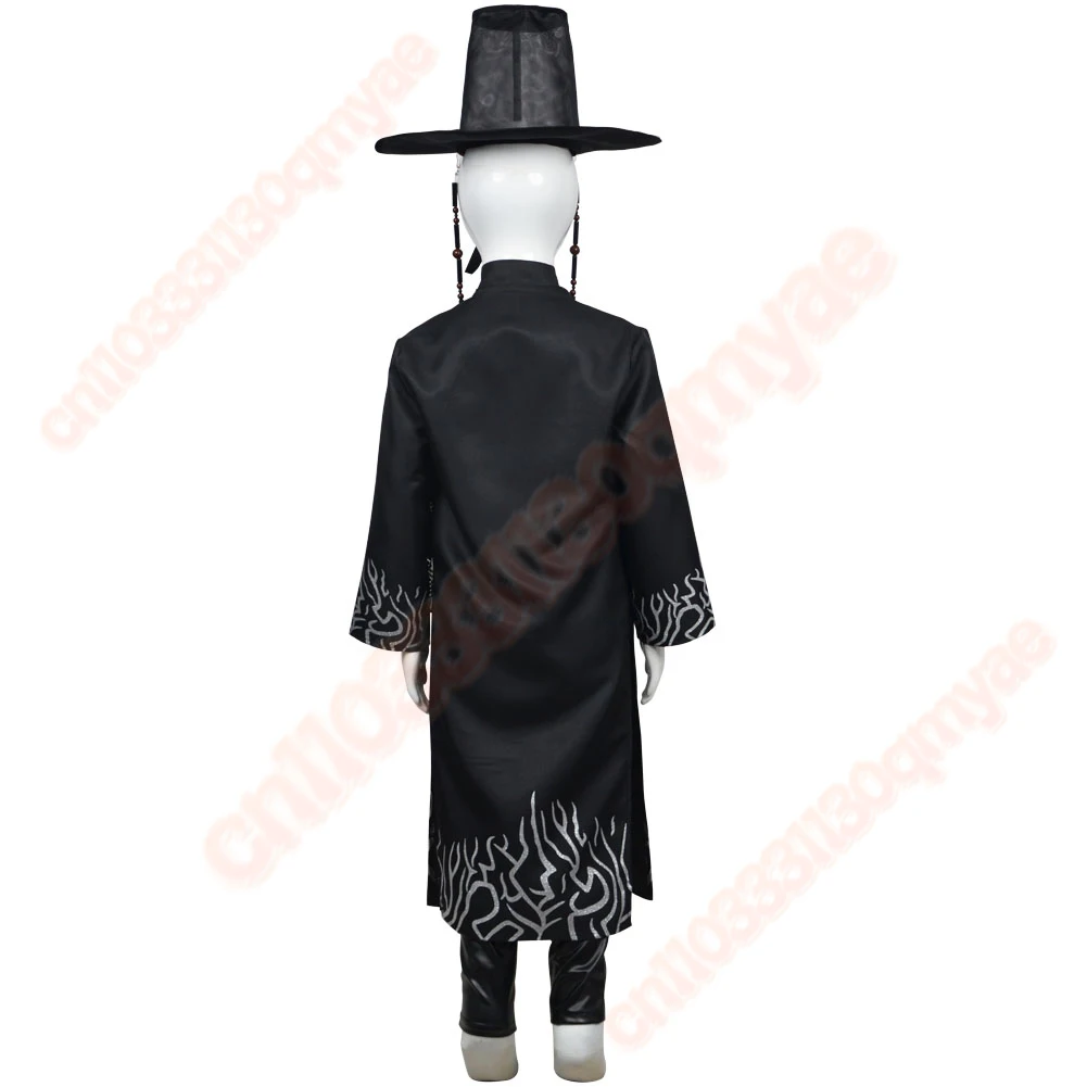 Kids Jinu KPop 악마 헌터 의상 세트 Saja Boys Roleplay 검은 의상 모자 헤드 기어 할로윈 카니발 파티에 적합