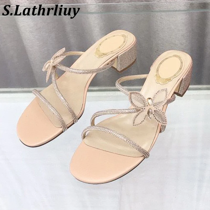 Summer Shiny Bow Knot Crystal Dew Toe Square Heel Slippers Women's Bling Bling Rhinestone Fashion Sandals Leisure Holiday Shoes