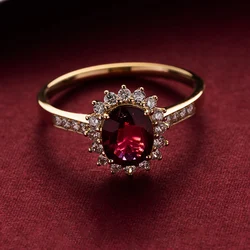 Gold Ruby Colour Ring Garnet Red Retro 100% S925 Sterling Silver Plated 18K Elegant Queen's Ring for Women Party Engagement