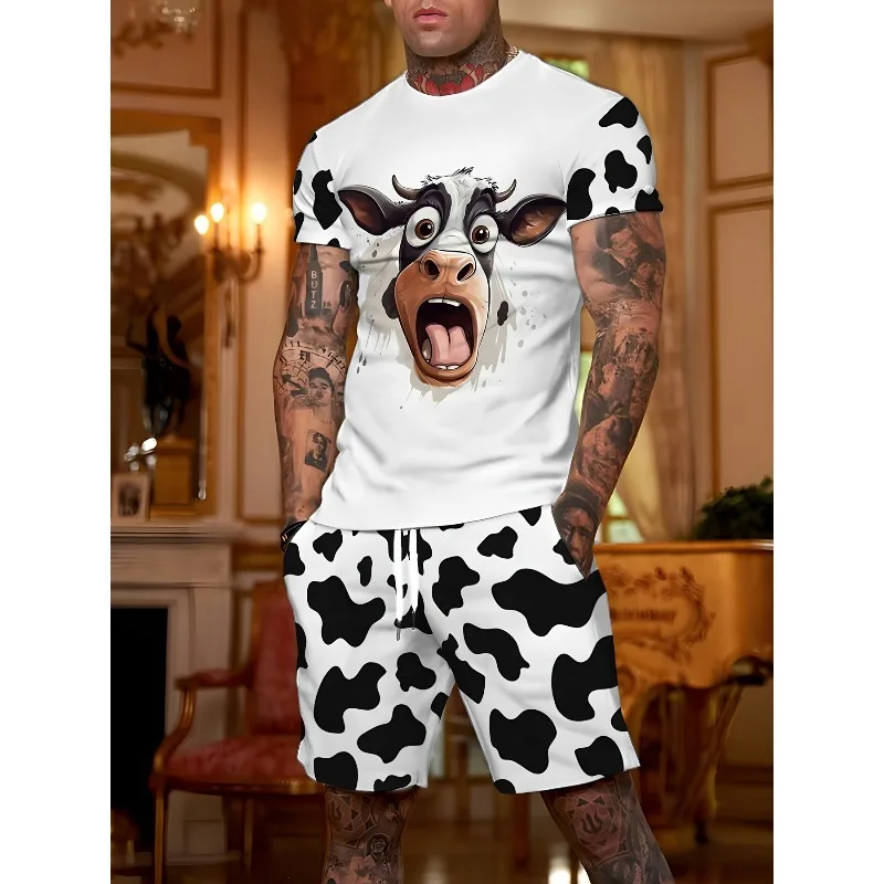 2025 Summer New Men's Casual Personalized 3D Printed Comfortable and Soft Casual Polyester Fiber Short Sleeve Shorts Set