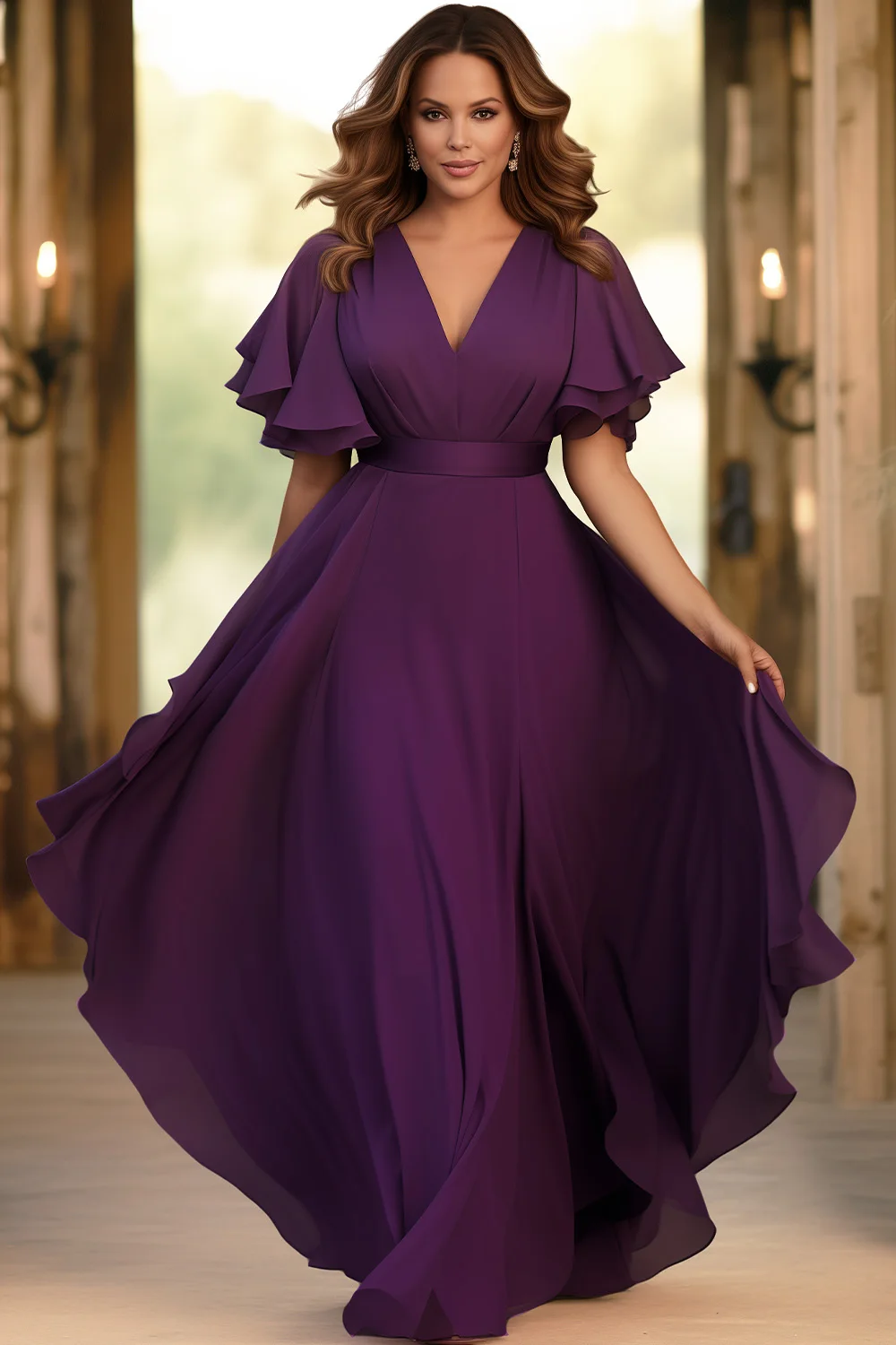 Flycurvy Vestido largo tipo túnica con mangas aleteadas de gasa de uva para invitados de boda de talla grande
