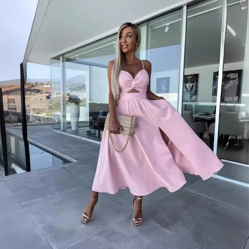 Summer New Fashion Celebrity Deep V Hollow Big Skirt Split Suspender Dress Dress Exquisite Simple Casual Temperament Fashion