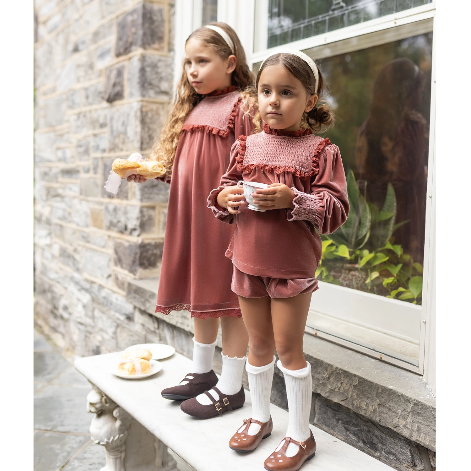 AP Velvet Collection AW26 Girls Lace Velvet Patchwork Dress Cute Baby Girls Set Boys Blazer Brother Sister Matching Clothing image 6