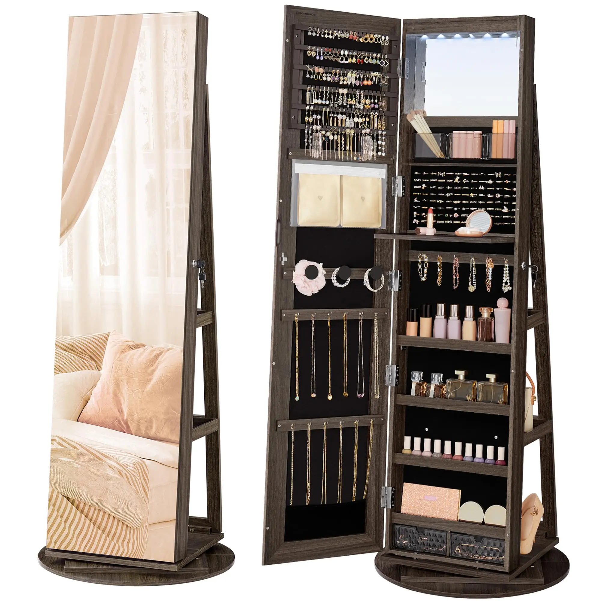 6 LEDs Mirror Jewelry Cabinet Organizer, 360° Swivel, Lockable