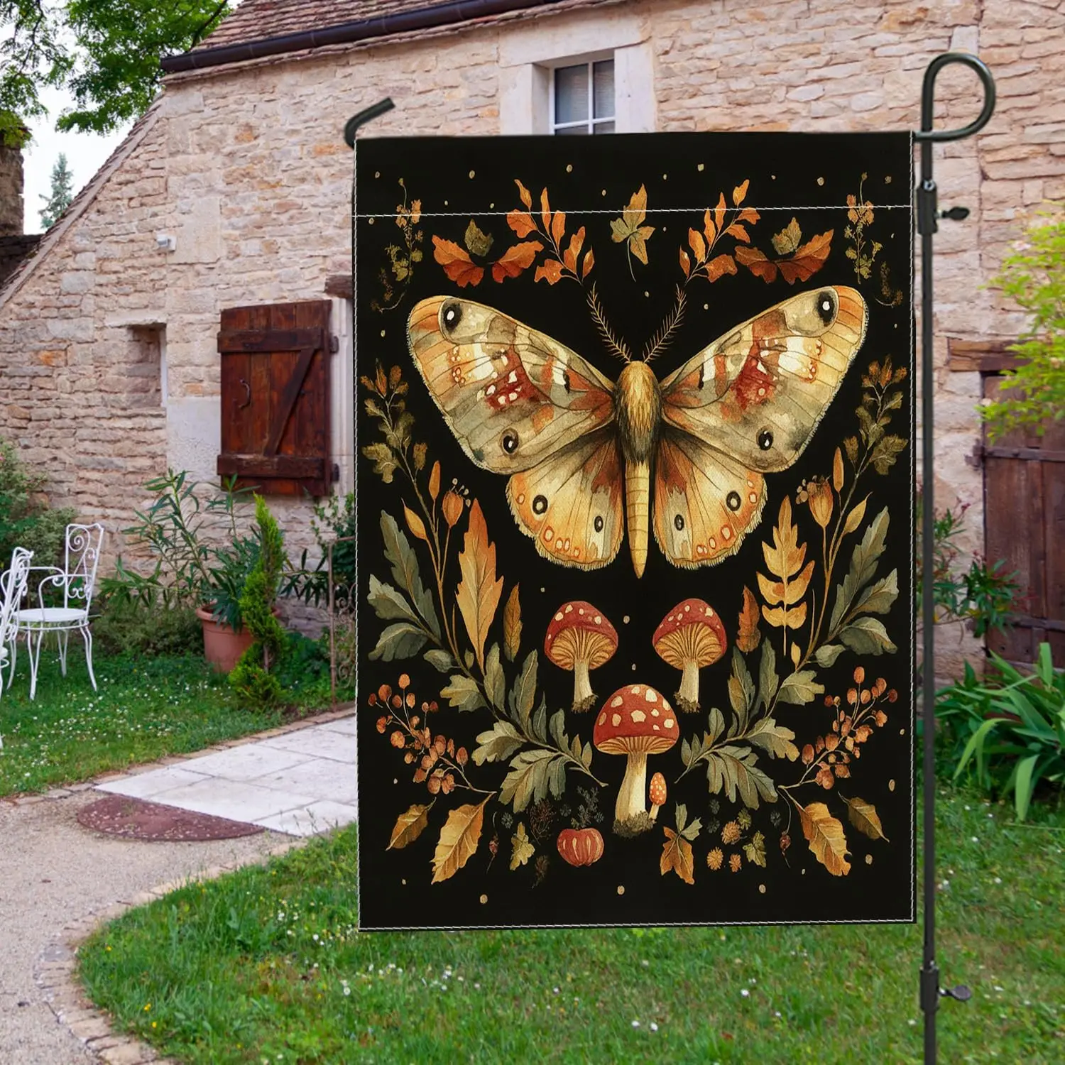 Fall Moth Mushroom Garden Flags 12x18 Inch for Outside, Autumn Aesthetic Maple Leaf Standard Vertical Linen Flags for House, yyi