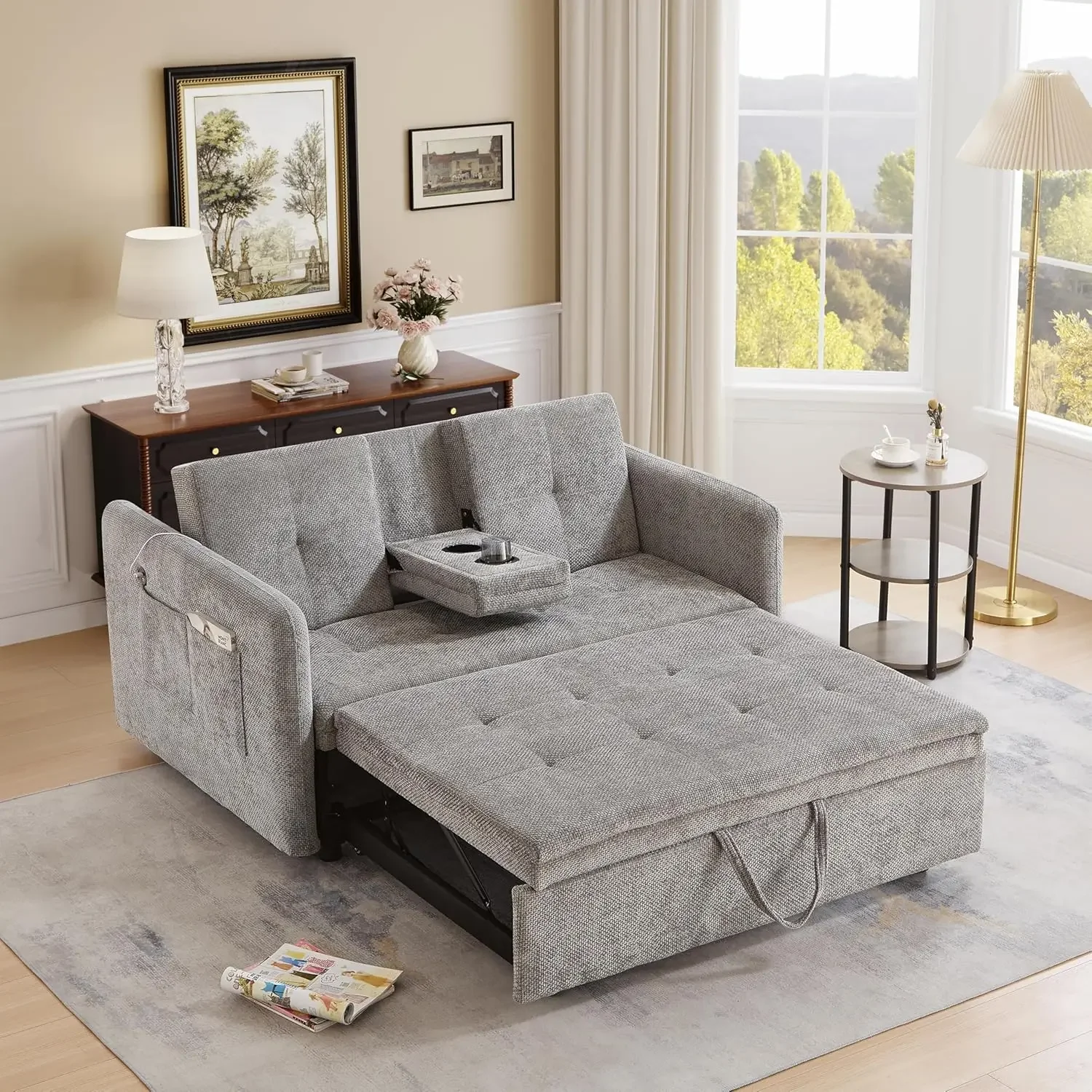 57.48'' Grey Modern Classic Sofa Bed with USB Charging Ports, Convertible Loveseat Couch Bed, Pull Out Sleeper Sofa for Living R