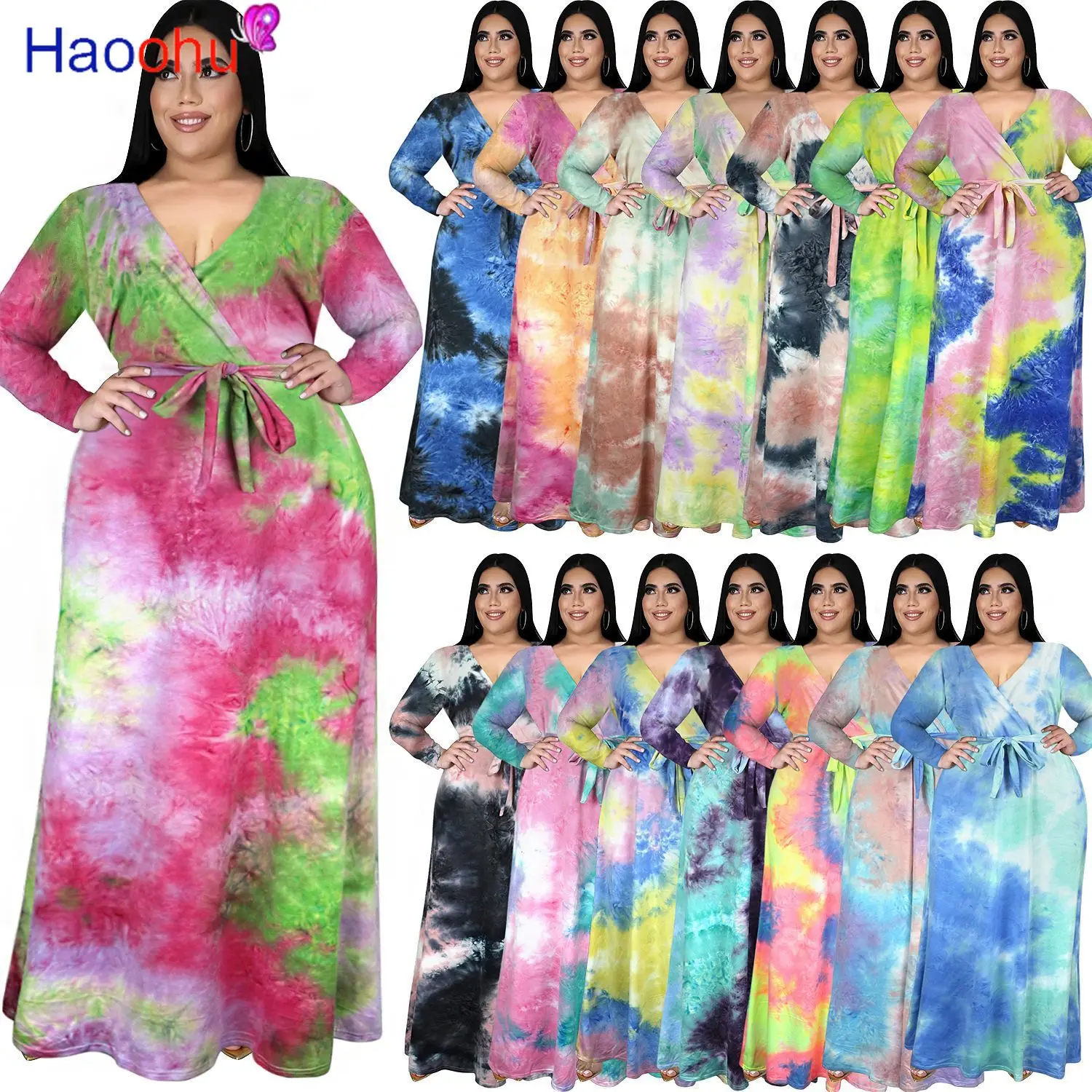 Odzież damska HAOOHU Plus Size sukienki 2023 nowa jesień duża elegancka sukienka Casual Tie Dye pasek z długim rękawem sukienka 5XL Urban