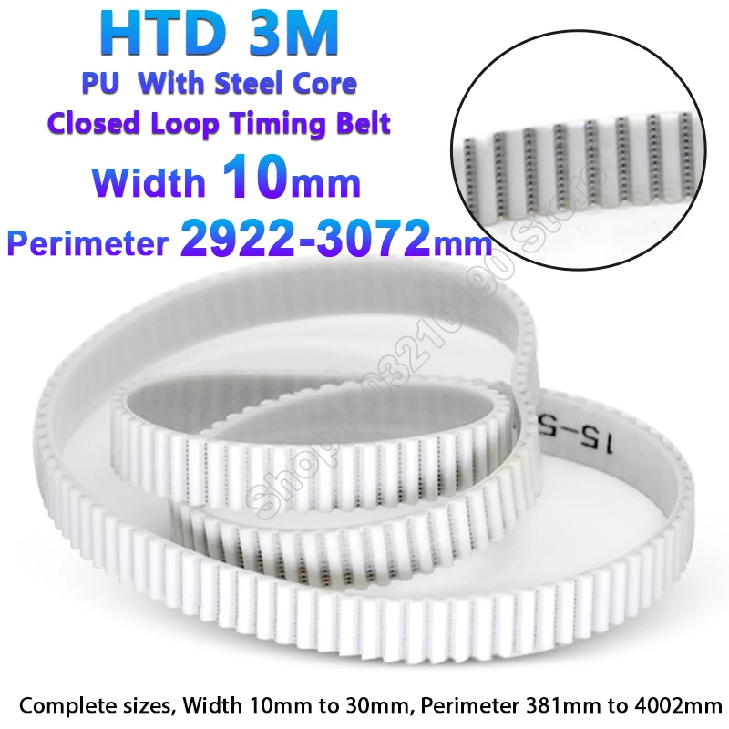 

1Pc HTD 3M PU Timing Belt PU with Steel Core Closed Loop Perimeter 2922-3072mm White Polyurethane 3M Synchronous Belt Width 10mm