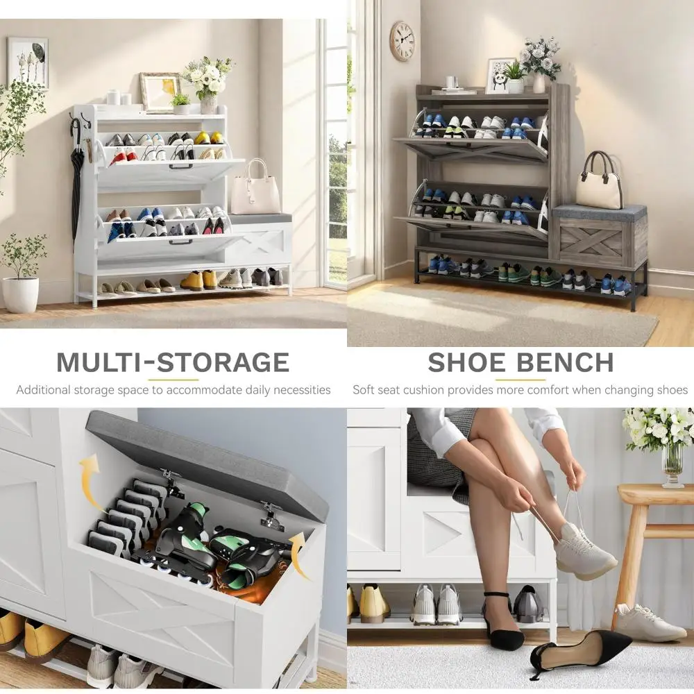 Farmhouse Style Shoe Storage Cabinet with Flip Drawers, 16 Pair Capacity, Shoe Bench Included, Slim Design for Entryways