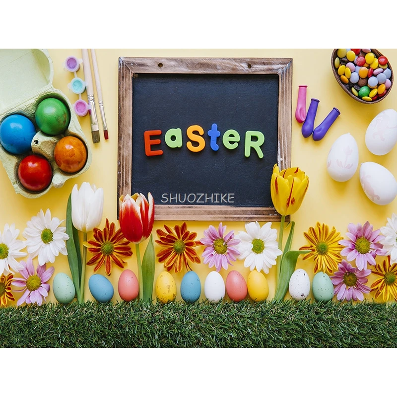 SHUOZHIKE Colorful Easter Scene Background Spring Eggs And The Cute Rabbits On The Grass Photography Backdrops Props FE-05