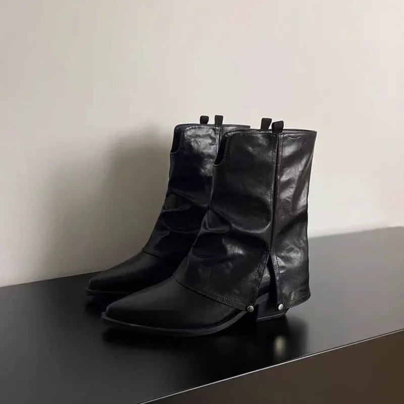 Women's Pointed Toe Thick Heel Pant Boots Fall New Fashion All-in-one Western Cowboy Ankle Boots image 3