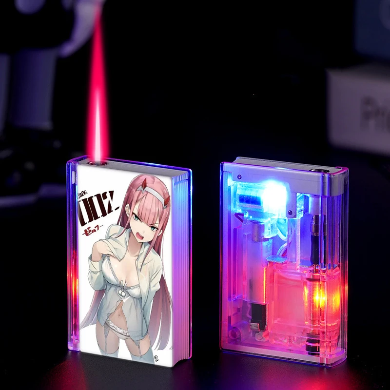 New Windproof Pink Flame Sexy Girl Lighter Cute Pattern Transparent Body Colorful Light Butane Torch Jet Lighter Smoking Gift