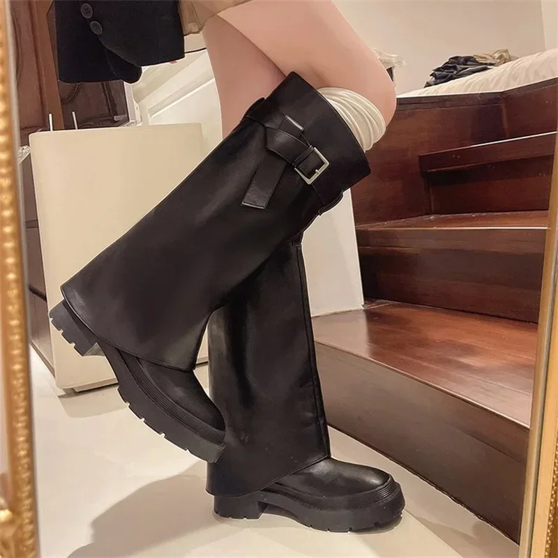 Belt Buckle Round Toe Knee High Women Boots Thick Sole Chunky Heels Black Slip On Fashion Concise Elegant Western Female Shoes