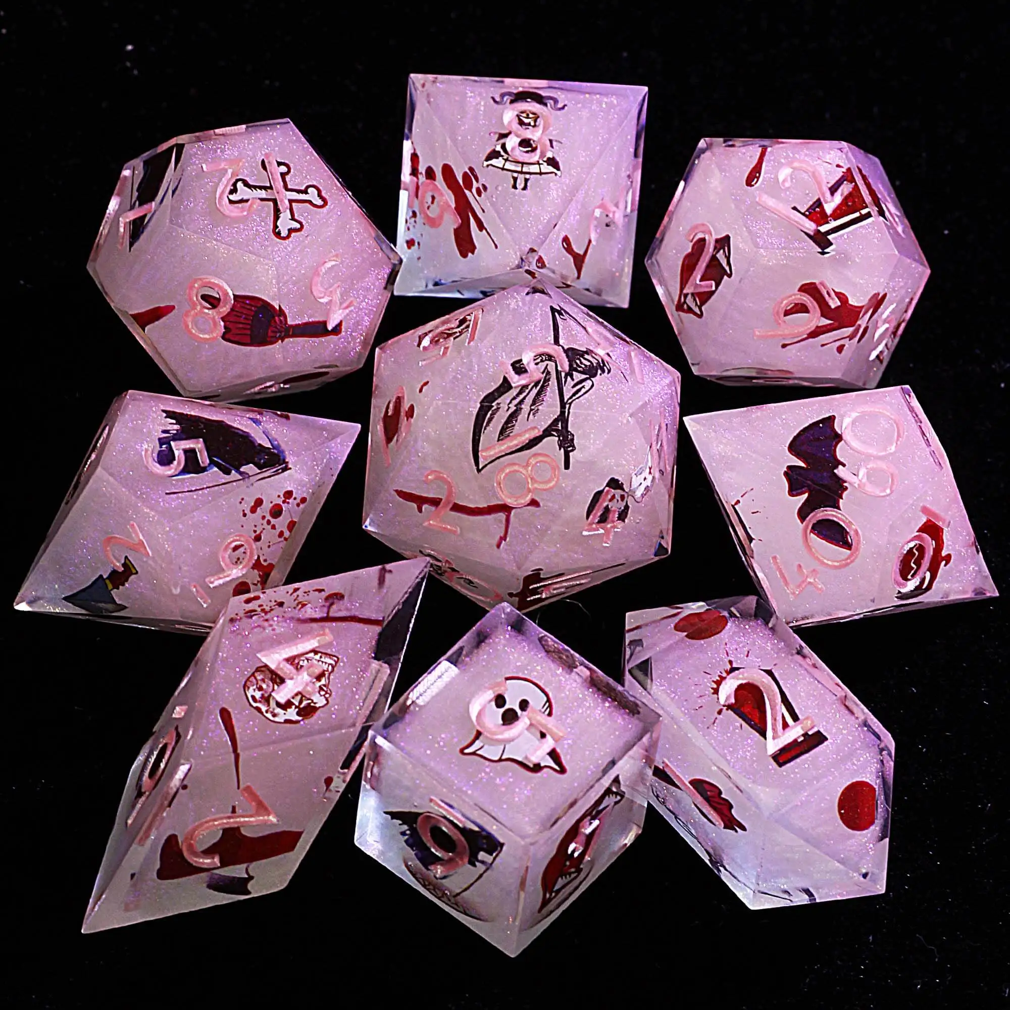 

Halloween 9 Polyhedral Resin Sets of Dice DD Pink Witch Bloody Broomstick