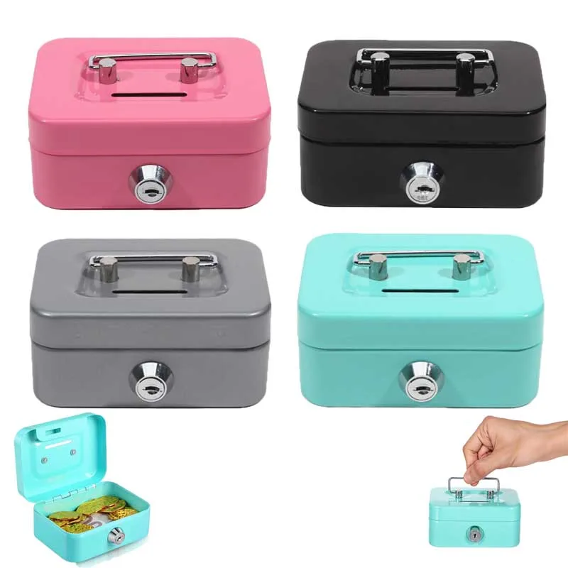 Caja de seguridad para dinero, caja de efectivo con cerradura con llave, caja de cerdito portátil hecha de Metal, pequeña caja de seguridad, cajas de monedas resistentes para niños