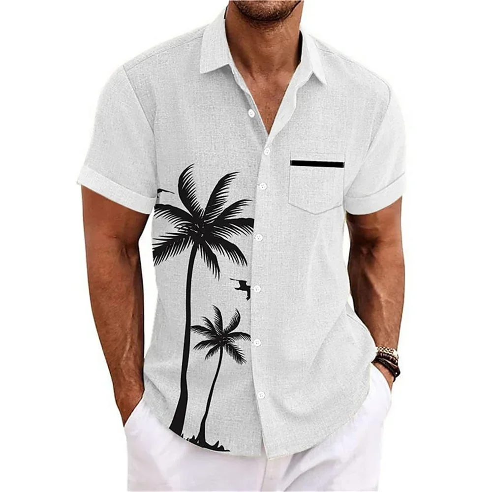 Camiseta de linho havaiana masculina, estampada em coco, preto e branco, ao ar livre, casual, diária, manga curta, shi