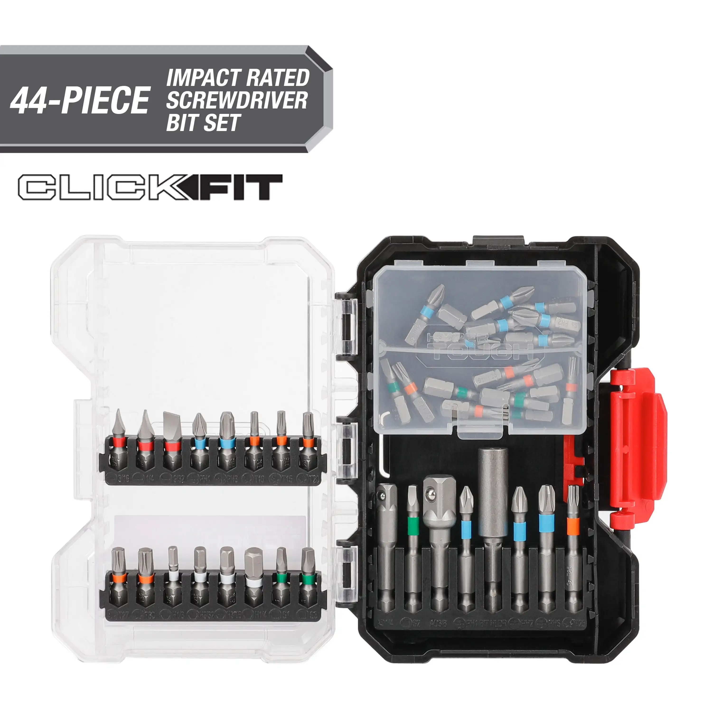 

44-Piece Impact Rated Bit Set in Click Fit Case, Star, square, hexadecimal, making it suitable for various projects