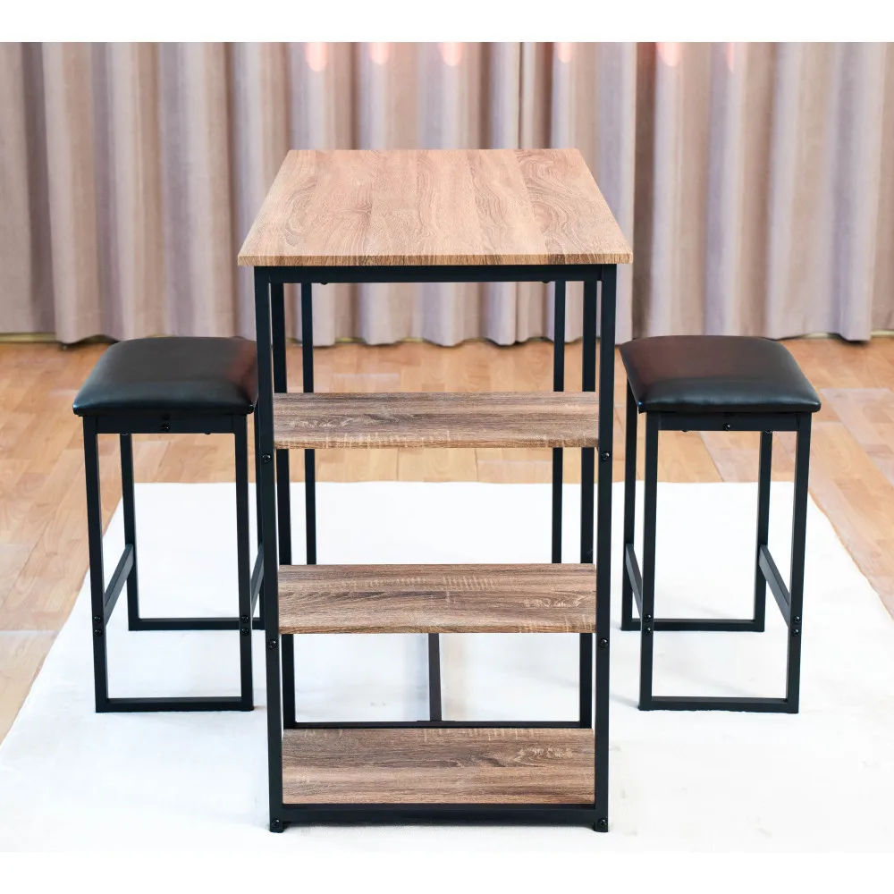 Dining Room Set with 2 Chairs for Dining Room，Black Frame+Brown oak board surface+Black cushion