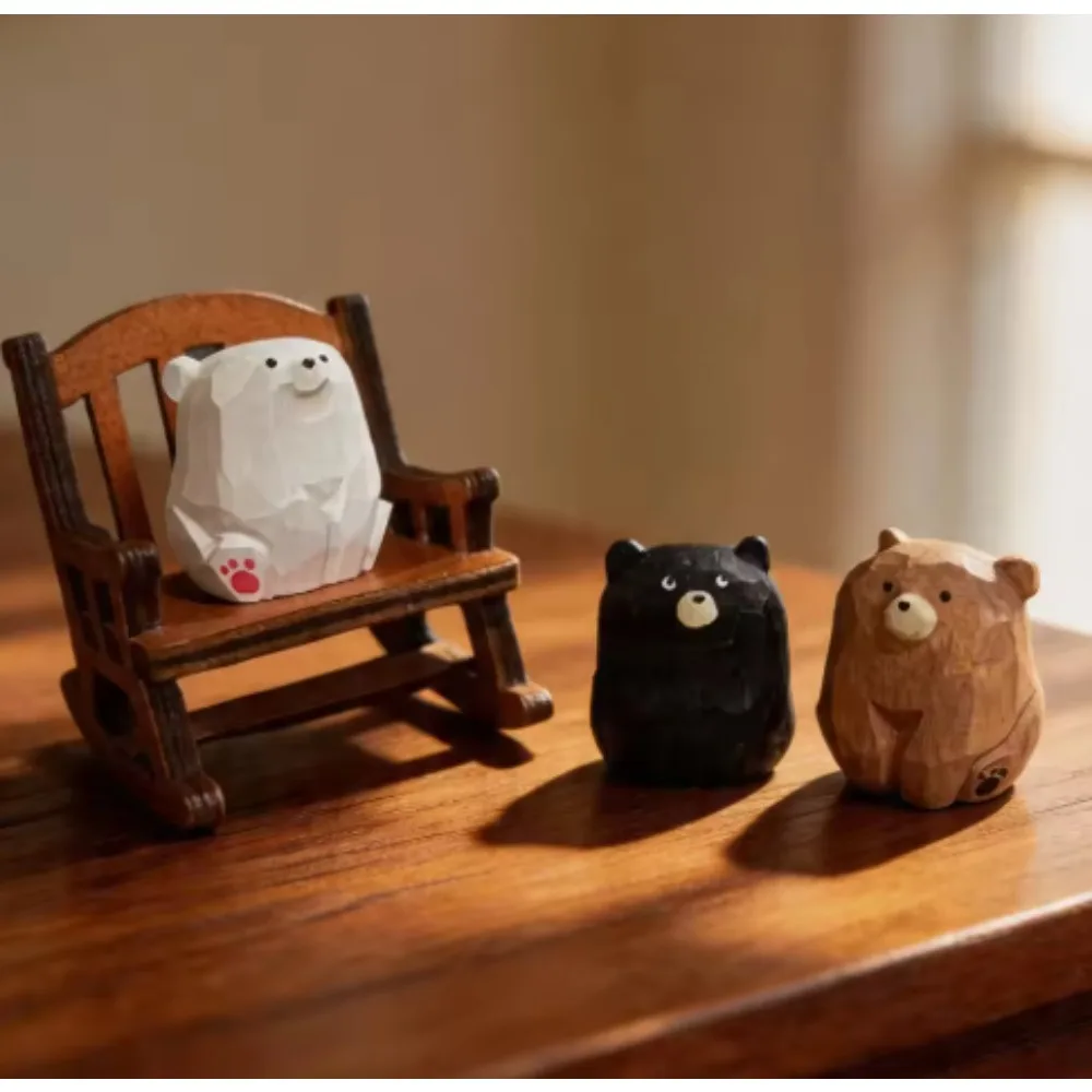1PCS Creative handmade wood carving teddy bear ornament, cute solid wood carving small animal tabletop decoration craft gift