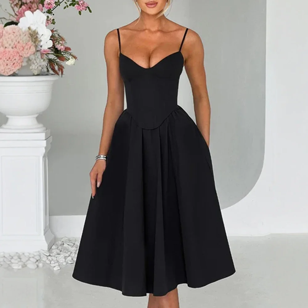 CPSYMYM ชุดเดรสฤดูใบไม้ผลิฤดูร้อน Simple Mature Vibe สีทึบ V คอ Midi Party Cami ชุดเดรสสําหรับสตรี