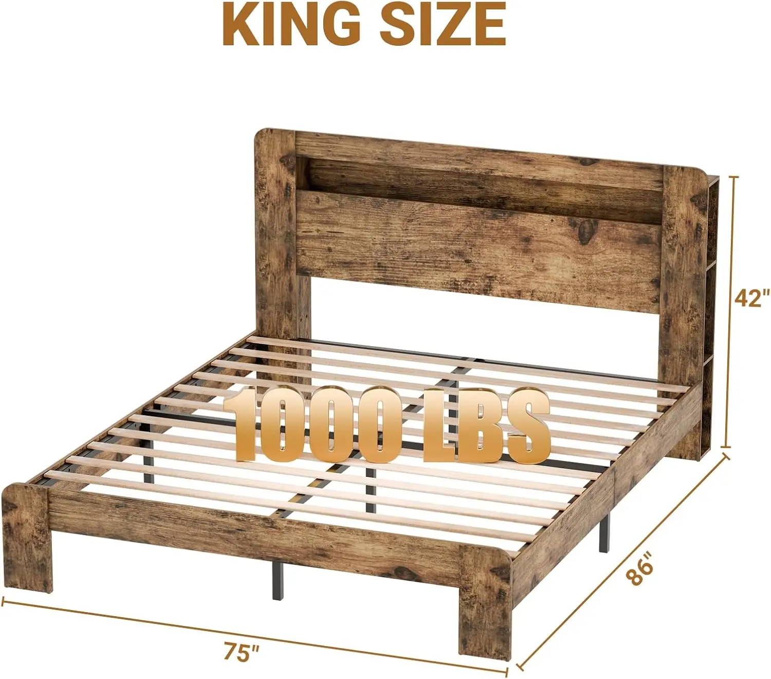 Wood King Bed Frame With Headboard, Charging Station With 2 Usb Ports & 2 Ac Outlets, Sturdy Wood Framework, Noiseless, Rustic