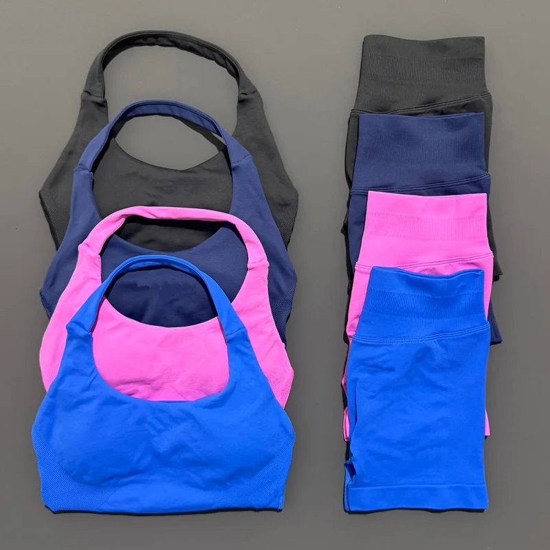 2 الموافقة المسبقة عن علم Histello الرياضة مجموعة النساء الرقبة الرسن للصدمات الخطوط الطويلة Strappy أعلى تجريب Scrunch السراويل مجموعات اللياقة البدنية الملابس الصالة الرياضية البدلة #3