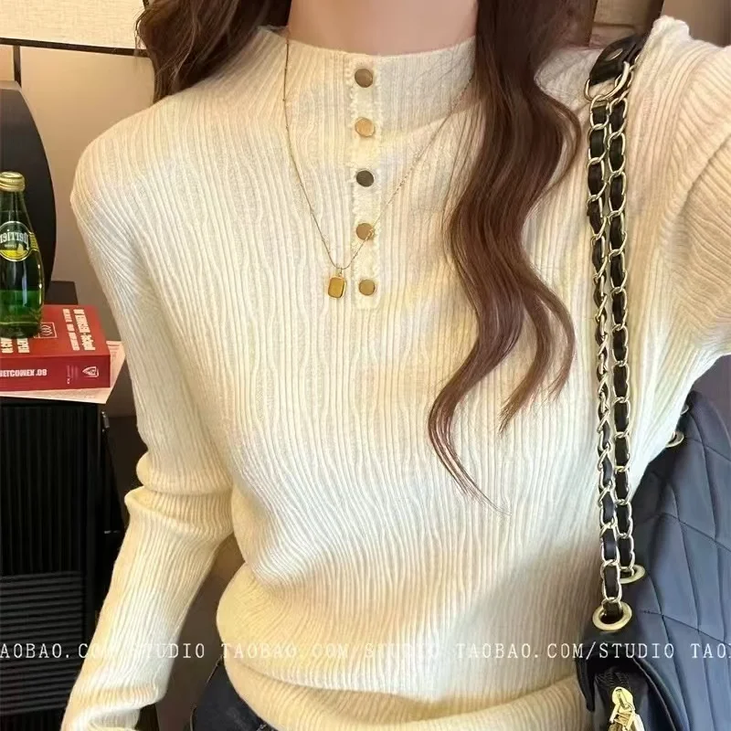 

Women's Clothing Vintage All-match Half High Collar Button Sweaters Autumn Winter New Elegant Chic Solid Knit Pullovers Lady Top