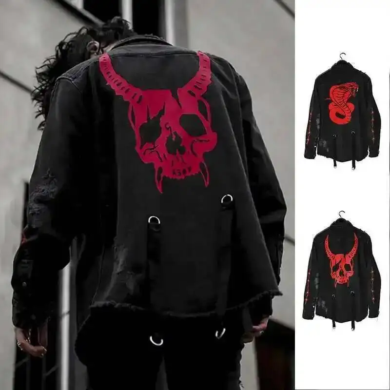 HKSH Men\'s Tide Punk Spring And Autumn New Print Jackets Loose Size Skull Denim Coat Fashion Dark Single Breasted Vintage HK0114