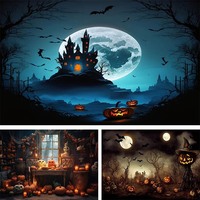 

Halloween Night Background with Castle in the Graveyard Spooky Pumpkin Full Moon Backdrop Available for Living Room Decoration