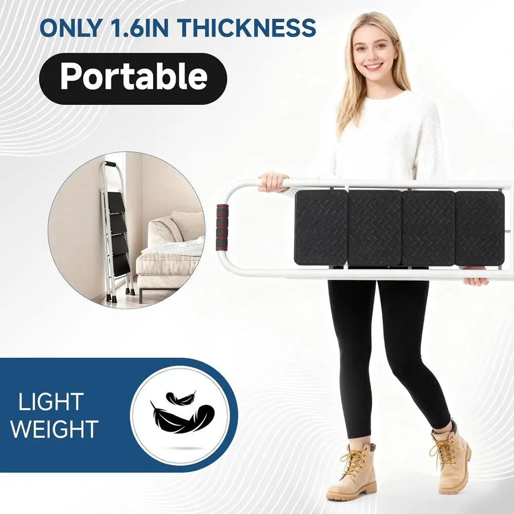 Échelle pliante avec marches antidérapantes, pieds en caoutchouc, main courante, verrouillage sécurisé, portable, capacité 800 lb, blanc