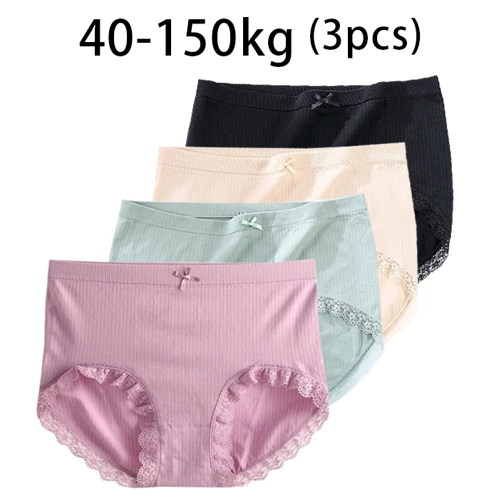 

3pcs Women Panties Lady Plus Size Underwear Lace Large Size High-Rise Waist Briefs Breathable Solid Color Female Lingerie