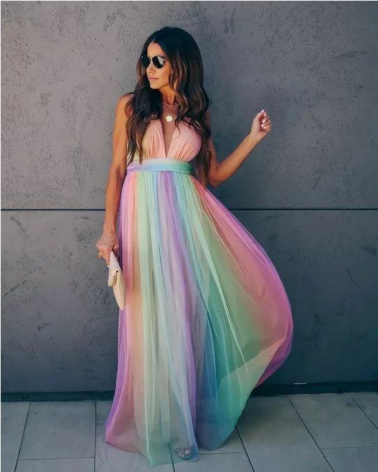 Deep V-neck Rainbow Mesh Sexy Dress Women High Waist Sling Dresses Beach Summer Clothes Women Dress Streetwear