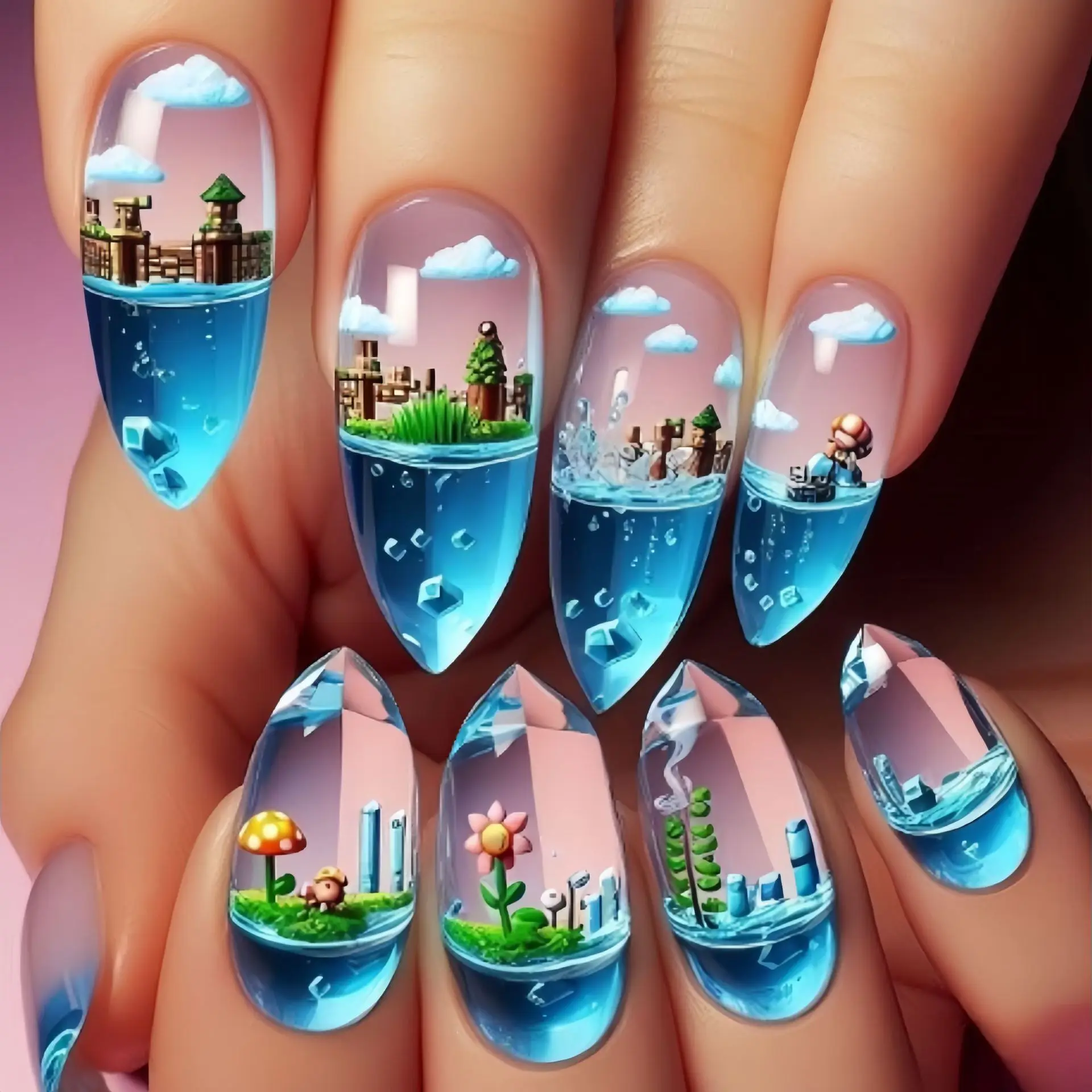 

24pcs Summer Fresh False Nails Tips Long Almond Cute Underwater World Printed Press On Nails Ocean Series Wearable Fake Nail