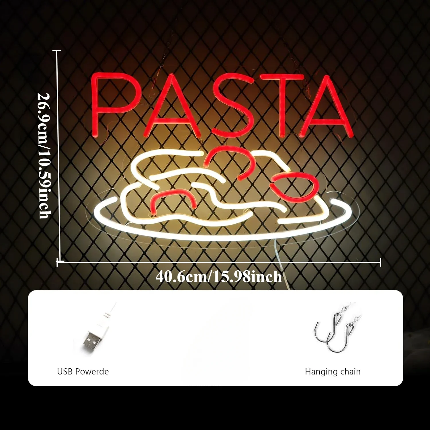 Pasta Neon Sign LED Wall Art USB Powered Italian Noodle Theme Decor Kitchen Restaurant Dining Room Aesthetic Hanging Light