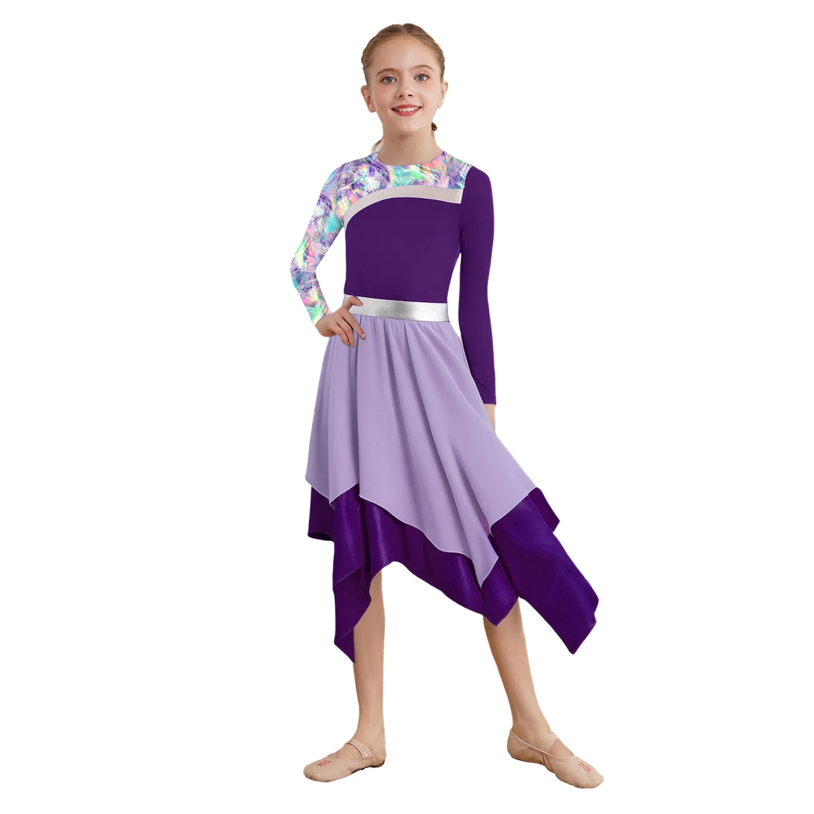 

Kids Girls Contemporary Modern Lyrical Praise Dance Dress Long Sleeve Printed Color Block Irregular Hem Dress Worship Robe Gown