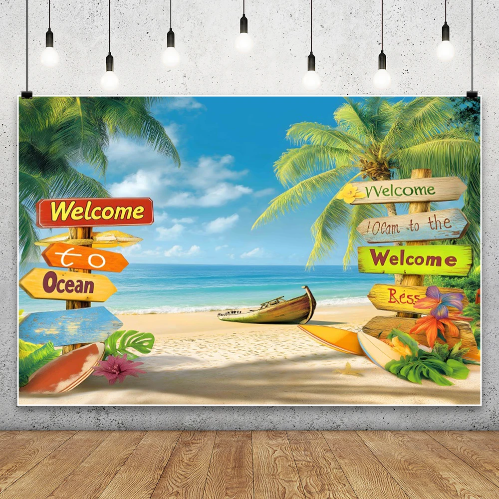 

Hawaiian Beach Photography Backdrop Summer Tropical Luau Palm Tree Photography Background for Hawaiian Party Decorations Banner