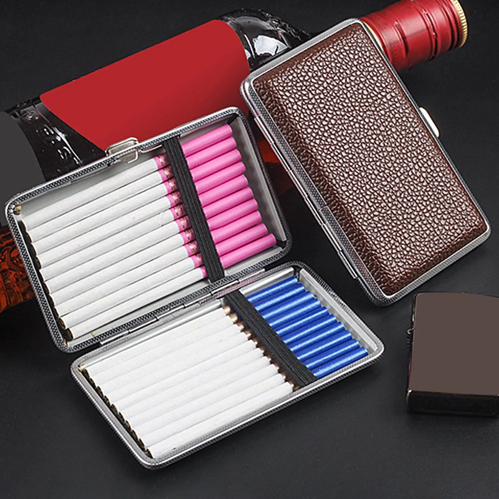 Portable Cigarettes Case Pocket Box Storage Compact Smokers Tin Flexible PU Leather Container Metal Frame Cigarettes Holders