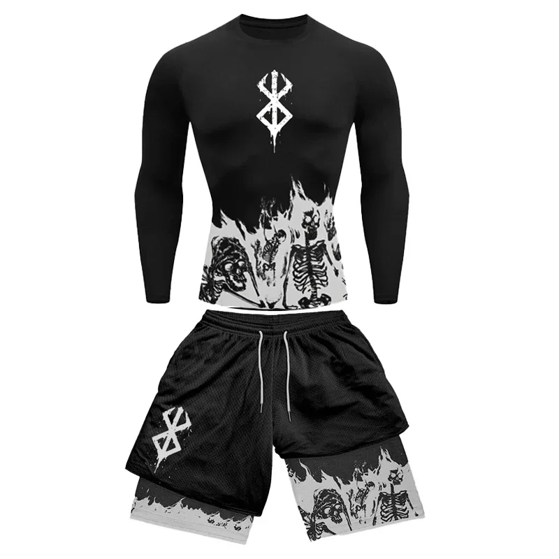 ชุดออกกําลังกายชายเสื้อ + กางเกงขาสั้นยิมออกกําลังกายเสื้อผ้าพิมพ์กราฟิกชุดกีฬาสบายสําหรับกิจกรรมฟิตเนส