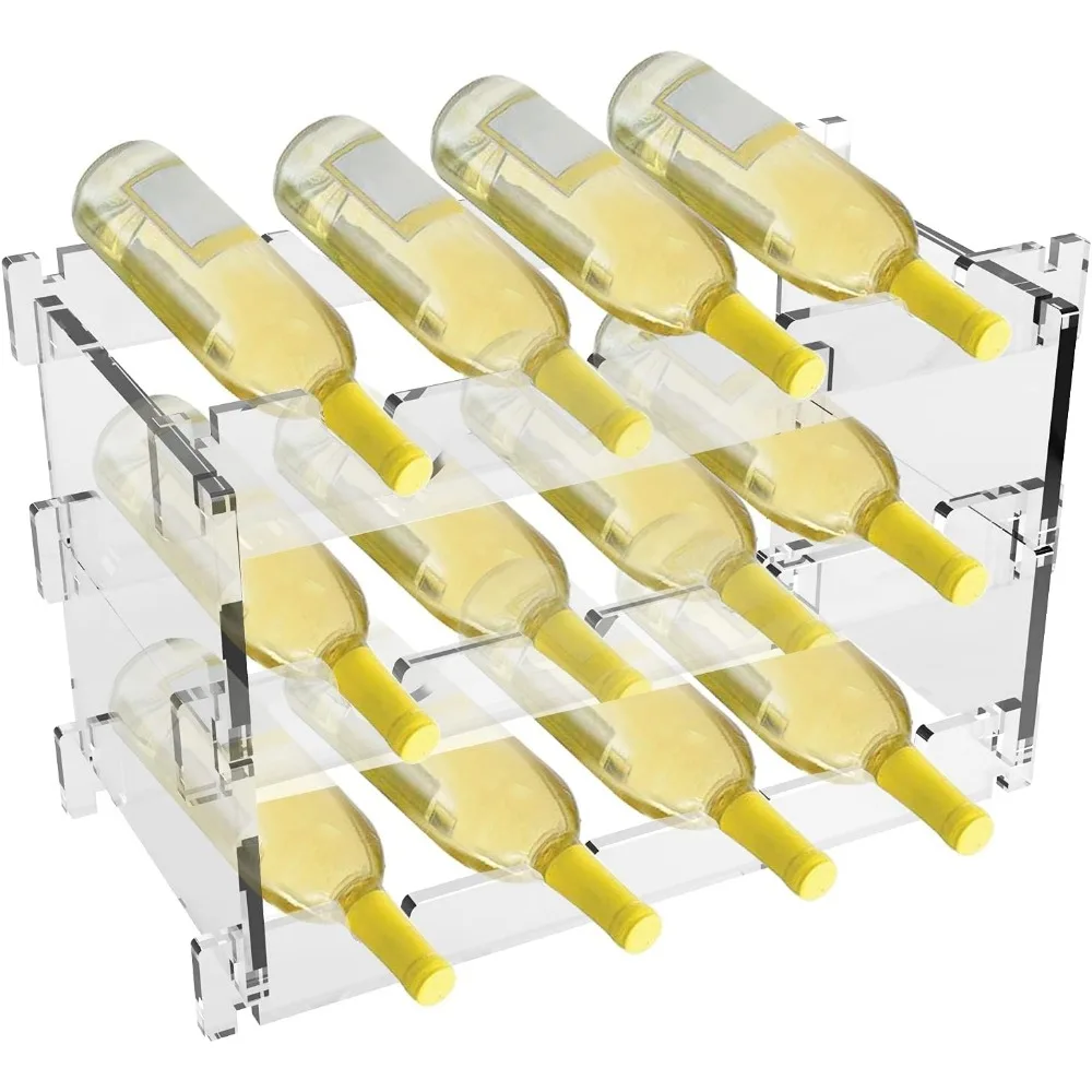 

Stackable Modular Wine Rack 12 Bottle, Transparent Acrylic Plastic Free Standing Floor 3-Tier Display Small Wine Holde for Home