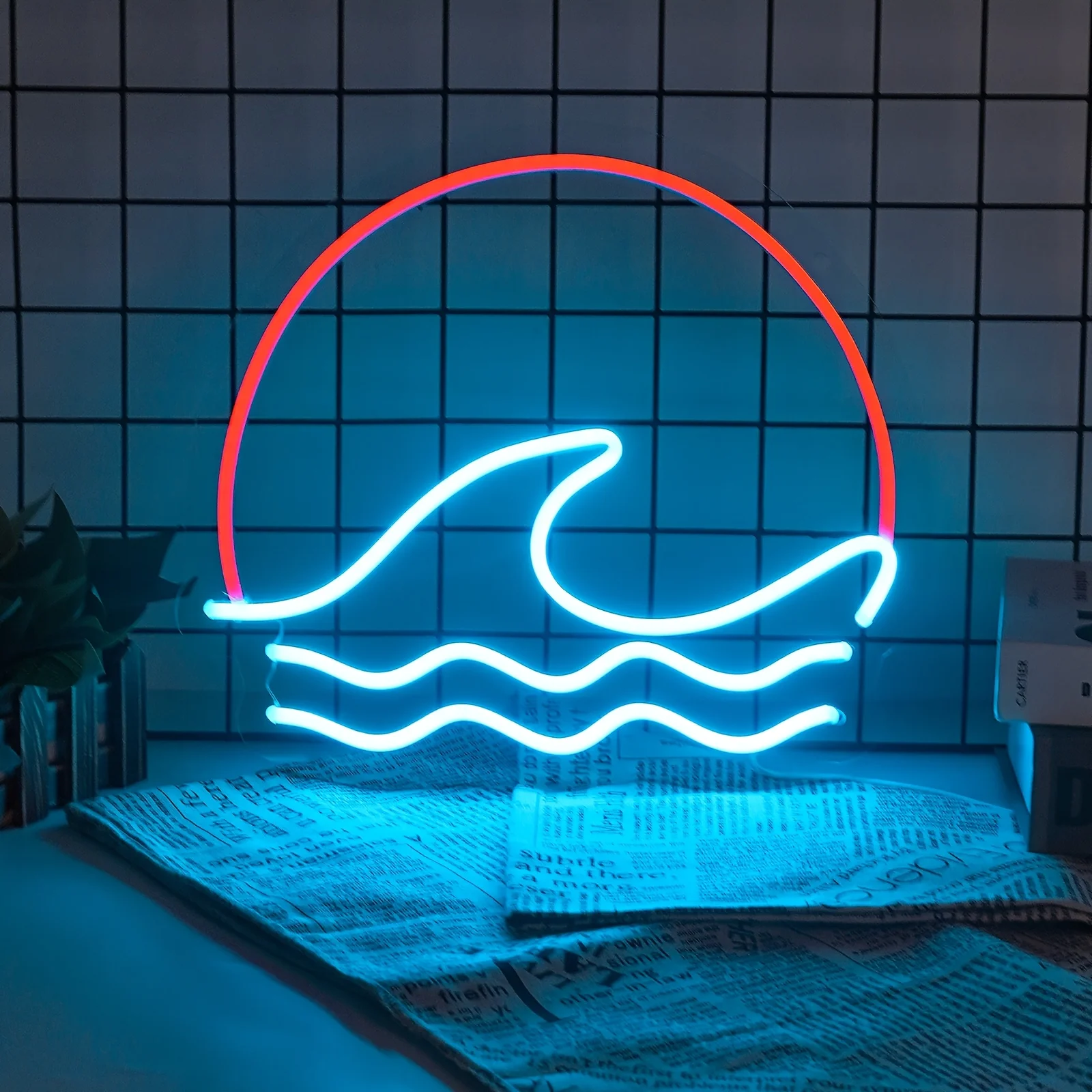 

Sun Sea Neon Sign - USB-Powered Wall-Mounted & Red Glow Light with Switch Control, Silicone Acrylic Sheet Modern Wall Art for Be