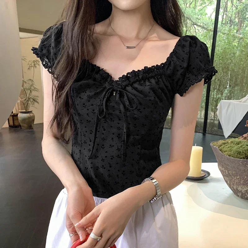 Women's French Sweet Style Black Eyelet Lace Puff Sleeve Crop Top Summer Tie Front Slim Fit Blouse