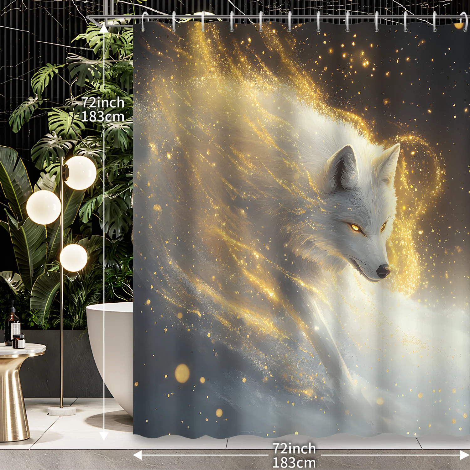 

1 шт., крутая занавеска для душа с принтом Golden Starlight Fierce White Wolf King, полиэфирная ткань с 12 крючками, аксессуары для ванной комнаты