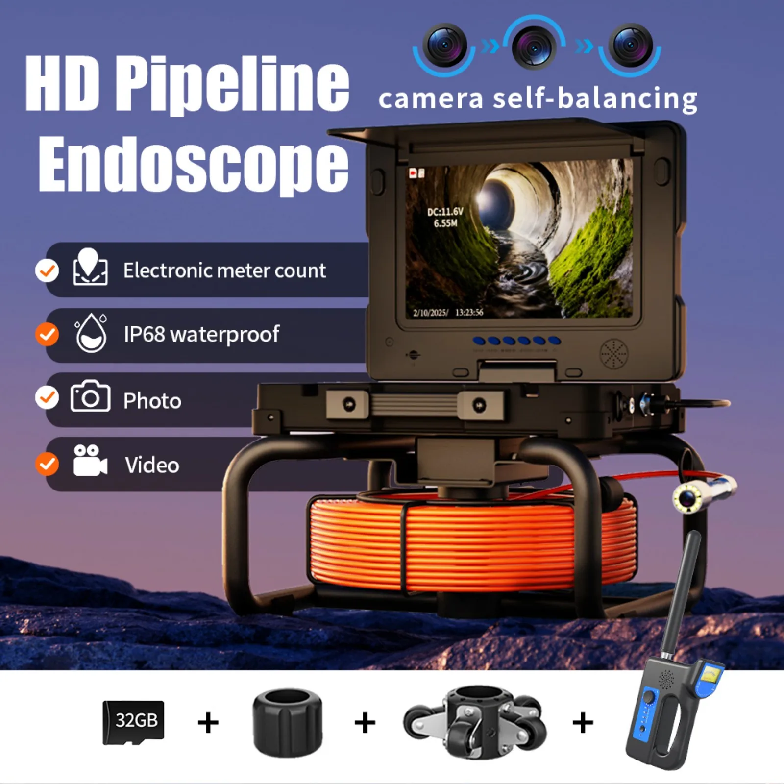 Sewer Pipe Inspection Camera With Locator Meter Counter and Self-Leveling 512HZ 9